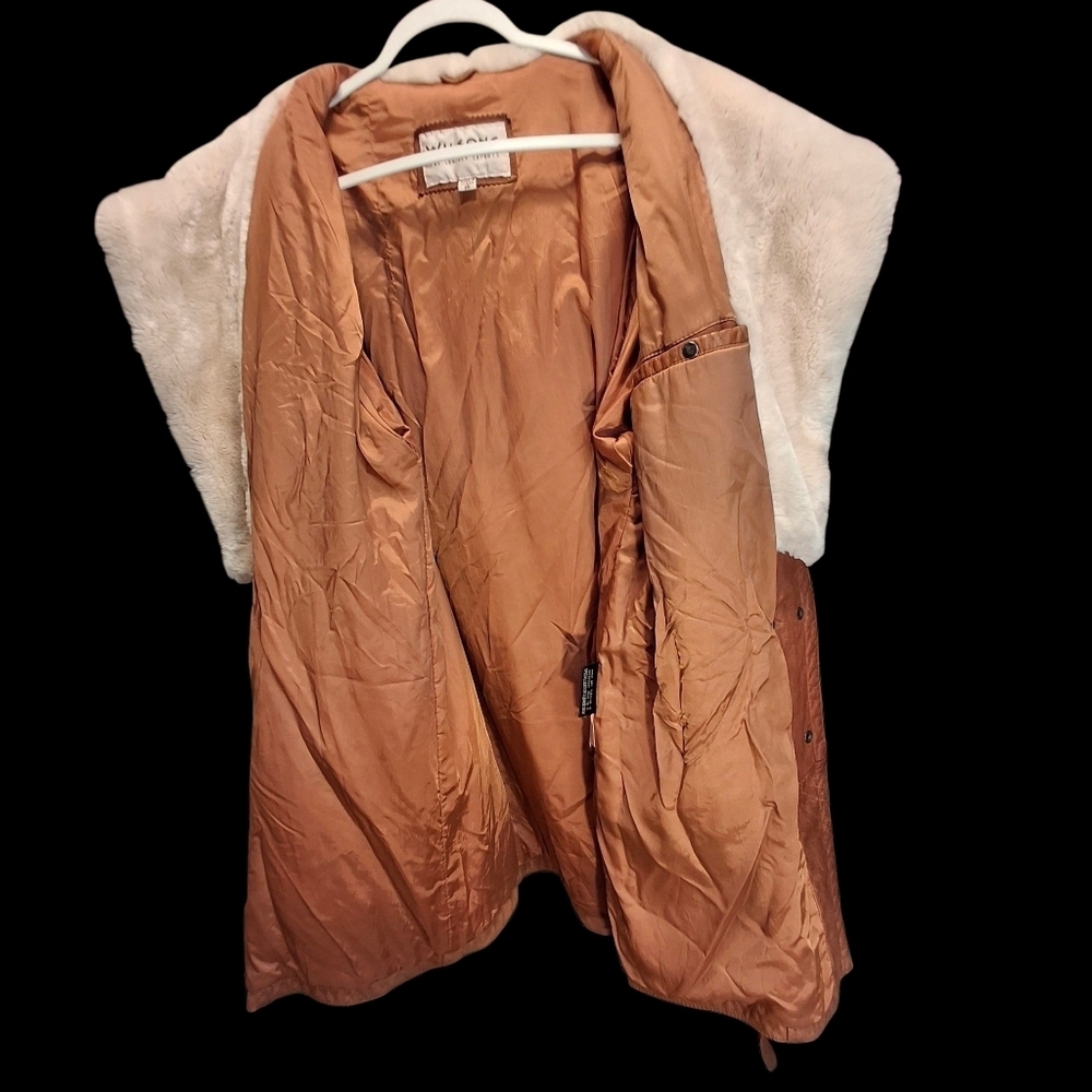 Wilsons Penny Lane Leather Faux Fur Trim Belted Hoodie Coat Women Size Medium - Picture 14 of 16